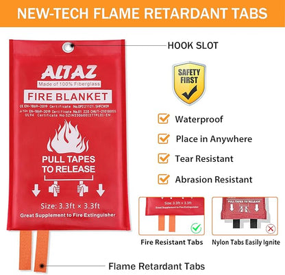 Altaz Fire Blanket Emergency for Home Kitchen - 39.4"x39.4" Flame Suppression Fiberglass Fire Extinguisher for Camping, Grill, Car, Office, Warehouse, Fireplace, Survival, Safety (3 Pack)
