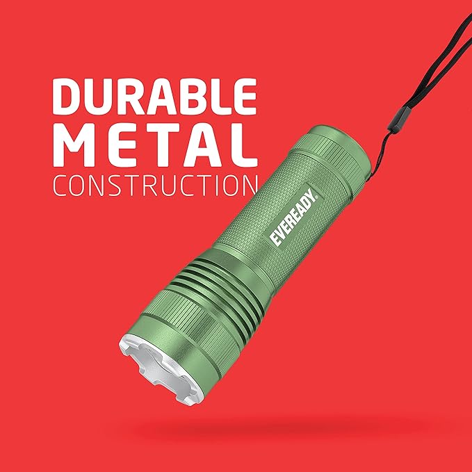 LED Tactical Flashlight by Eveready, Bright Rechargeable Flashlights for Emergencies and Camping Gear, Water Resistant EDC Flash Light, Pack of 2, Green