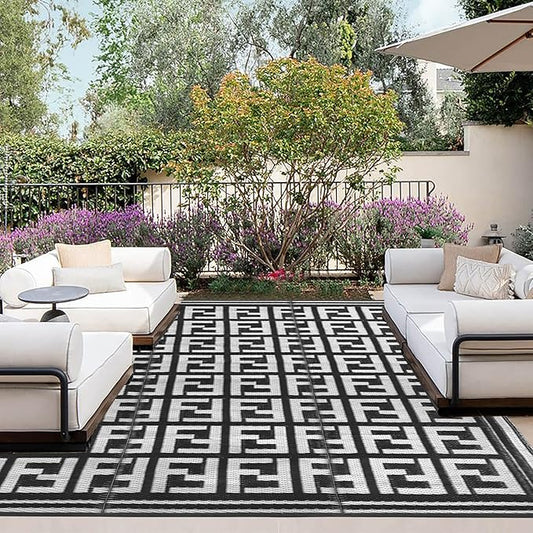 OutdoorLines Outdoor Plastic Area Rugs for Patio 5x8 ft - Reversible Outside Carpet, Stain & UV Resistant RV Mats, Straw Rug for Camping, Deck Garden, Porch and Balcony, Geometry Black & Light Grey