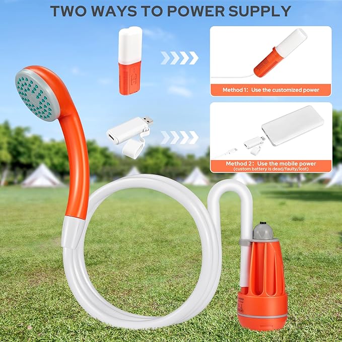 Portable Shower for Camping, Updated Two-Way Power Supply, 4400mAh Electric Camp Shower Pump with LED Camping Light, Outdoor Portable Shower Head Kit for Camping Hiking Traveling