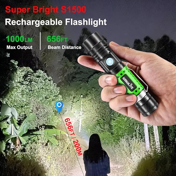 wowlite Flashlight Rechargeable, Super Bright LED Flashlights with Adjustable Brightness, Zoomable High Lumens Small Flash Light, Long Lasting for Outdoor Camping Home Emergency (Green)
