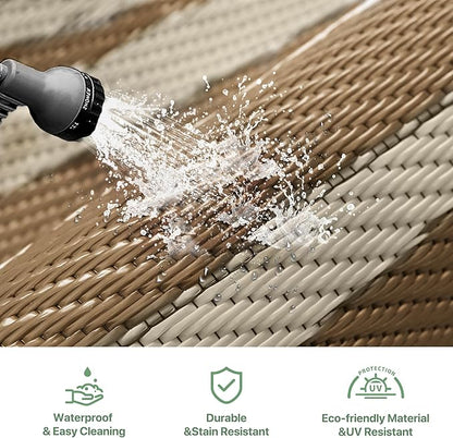 GENIMO Outdoor Rug Waterproof 6'x9' for Patio, Foldable Reversible Plastic Straw Carpet for Travel Trailers, Outside Area Mat for Rv, Deck, Picnic, Porch, Camper, Balcony, Beach, Brown & Beige