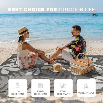 wikiwiki Outdoor Rug, 9x18ft Waterproof Reversible Mat Indoor Outdoor Rugs Carpet, Small Area Rug Plastic Straw Rug for Patio Deck Balcony Pool RV Camping Beach Picnic, Grey Leaves, Rugscape Series