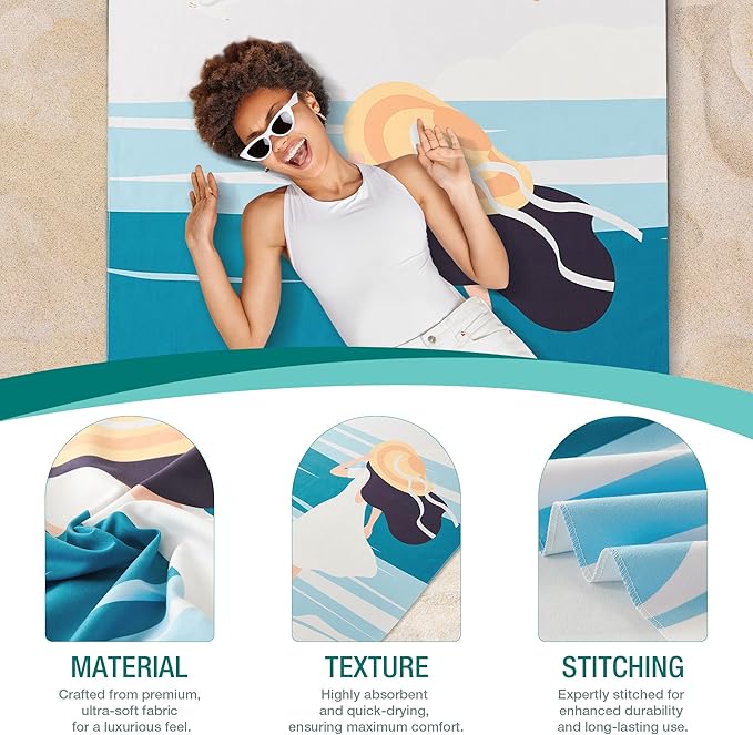 HYSEAS Lightweight Ultra-Thin Beach Towel, Oversized 78"X35" for Adult - Sand Free, Quick Dry, Perfect for Swimming, Beach, Yoga, Travel, Camping, Essential Beach Accessory & Vacation Gift, Beach Girl