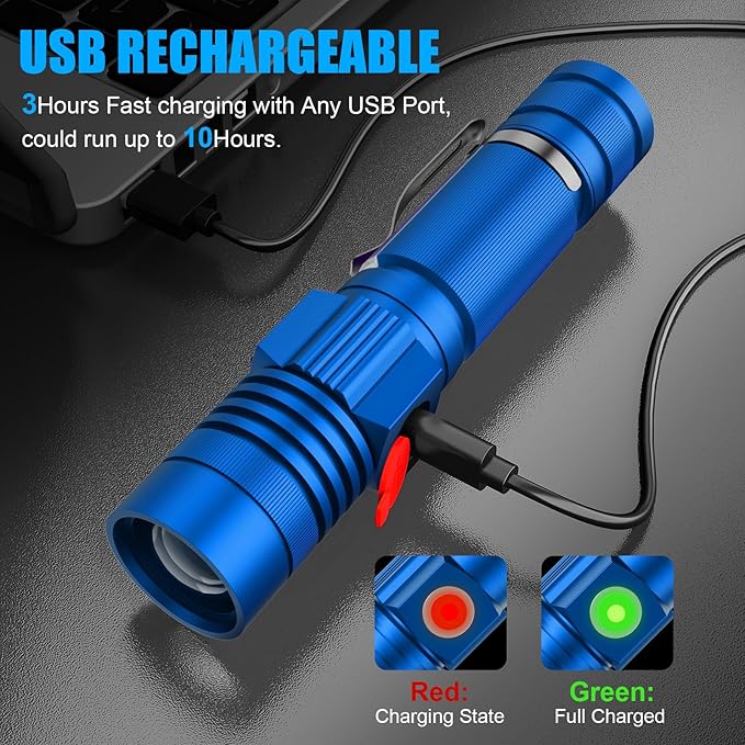 Flashlight USB Rechargeable, Magnetic LED Flashlight, Super Bright LED Tactical Flashlight with Cob Sidelight, 2000LM, Waterproof, Zoomable Best Small LED Flashlight for Camping, Emergency - Blue