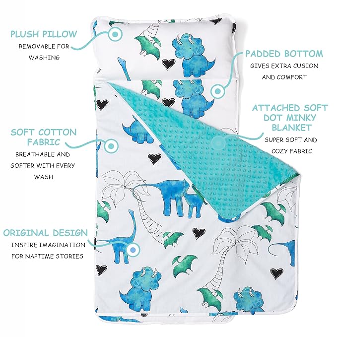 JumpOff Jo - Toddler Nap Mat - Sleeping Bag for Kids with Removable Pillow and Ultra Soft Blanket for Preschool, Daycare, and Sleepovers - Blue Dino