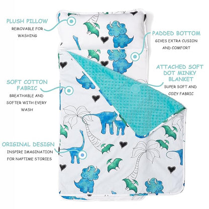 JumpOff Jo - Toddler Nap Mat - Sleeping Bag for Kids with Removable Pillow and Ultra Soft Blanket for Preschool, Daycare, and Sleepovers - Blue Dino