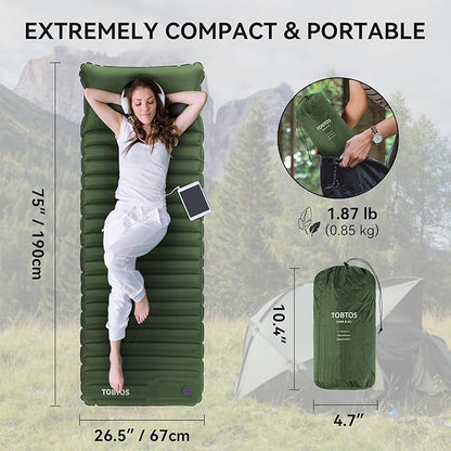 TOBTOS Inflatable Sleeping Pad for Camping with Pillow, 4" Thick Camping Mat with Built-in Foot Pump, Compact Air Mattress for Camping, Hiking, Backpacking (Green)