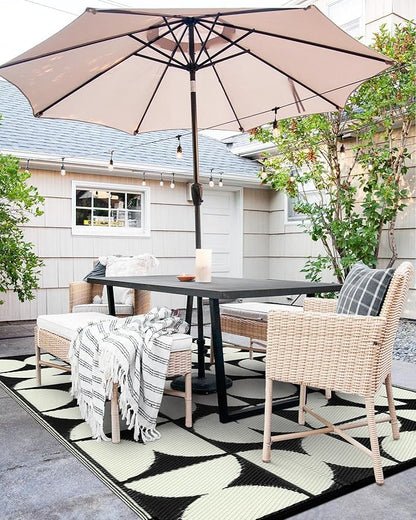 Wonnitar 8x10 Outdoor Rug, Large Waterproof Reversible Outdoor Patio Area Rug, Indoor/Outdoor Plastic Straw Portable Camping Rug for Outside RV Balcony Garden Deck (Black & White,8'x10')
