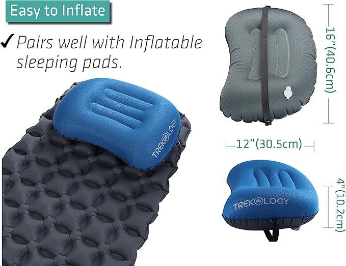 TREKOLOGY Ultralight Inflatable Camping Travel Pillow - ALUFT 2.0 Compressible, Compact, Comfortable, Ergonomic Inflating Pillows for Neck & Lumbar Support While Camp, Hiking, Backpacking