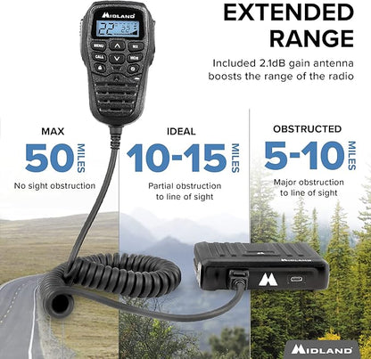 Midland – MXT275 MicroMobile® GMRS Radio – 15 watts Two-Way Radio with Integrated Control Microphone – Overland Caravanning Tractors – Detachable External Magnetic Mount Antenna - 8 Repeater Channels