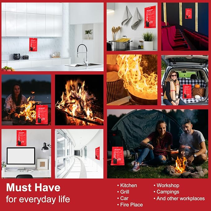 Fire Blanket - 2 Pack 40" x 40" Fire Blanket for Home and Kitchen, Flame Suppression Fiberglass Fire Blankets for House, Camping, Grill, Car, Office, Warehouse, Emergency Fire Blanket