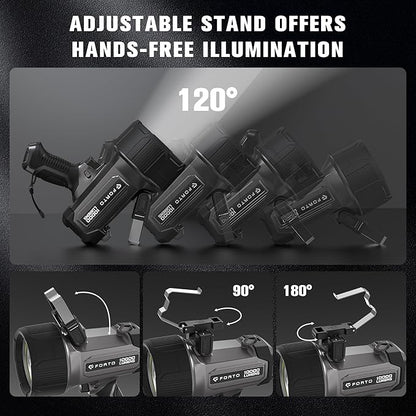 FORTO Rechargeable Spotlight 10000 Lumen Ultra Bright IPX7 Waterproof Spotlight, Boat Spotlight with EVA Carrying Case Tripod, 7 Light Modes Handheld Spotlight Flashlight for Marine Boat Hunting