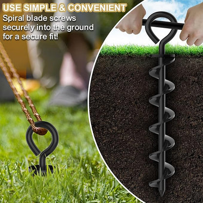 Eurmax USA Canopy Tent Stakes Dog Tie Out Stakes Corkscrew Shape Steel Trampoline Stakes with Iron Rod Installation Tool & 2 Wind Ropes - Set of 2 (Black)