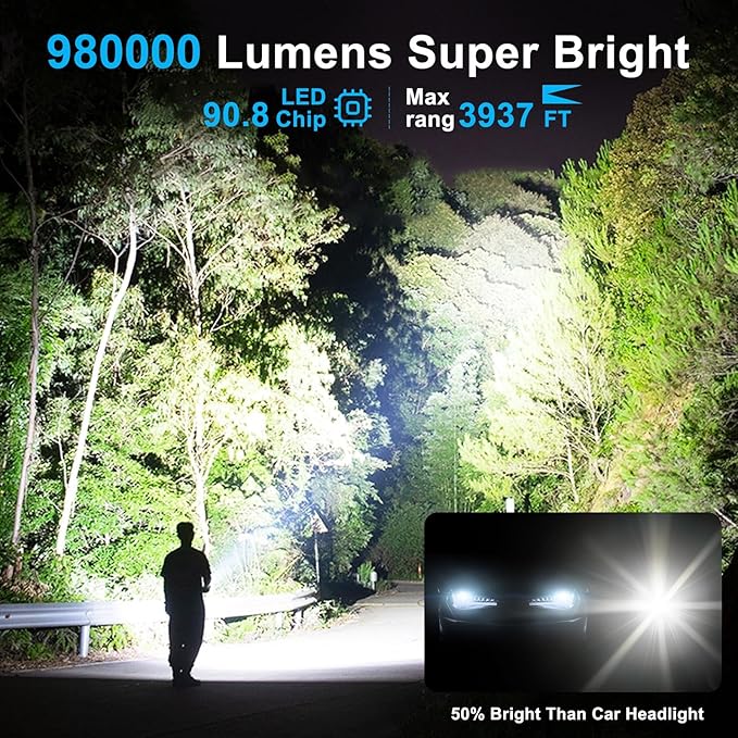 LED Flashlights High Lumens Rechargeable, 980,000 Lumens Super Bright Tactical Flashlight Powerful Flash Light with 5 Modes, 12H Running Time, IPX6 Waterproof Flashlight for Home Emergency