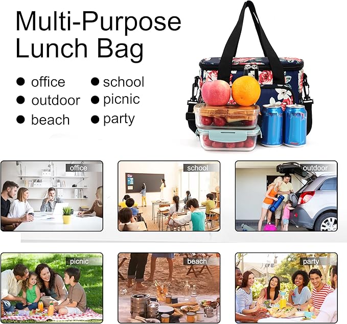 Femuar Lunch Bags for Women/Men, Insulated Lunch Bag for Work Office Picnic - Large Lunch Cooler Bag Leakproof Lunch Box with Adjustable Shoulder Strap for Adults - Floral