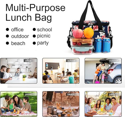 Femuar Lunch Bags for Women/Men, Insulated Lunch Bag for Work Office Picnic - Large Lunch Cooler Bag Leakproof Lunch Box with Adjustable Shoulder Strap for Adults - Floral