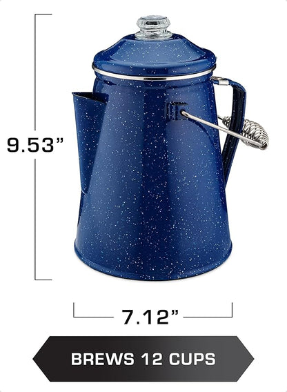 COLETTI Classic Percolator Coffee Pot & Enamel Mug Set — Camping Coffee Pot, Enamel Coffee Mug – Complete Nostalgic Bundle – German Imported Enamel Powder [Blue, 12 Cup] [12 oz, Set of 4]