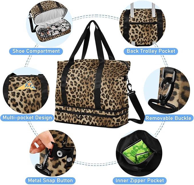 Leopard Weekender Bag for Women, Speckled Gym Sports Duffle Travel Tote With Toiletry Compartment, Shoes Storage, Dry/Wet Separation for Swimming
