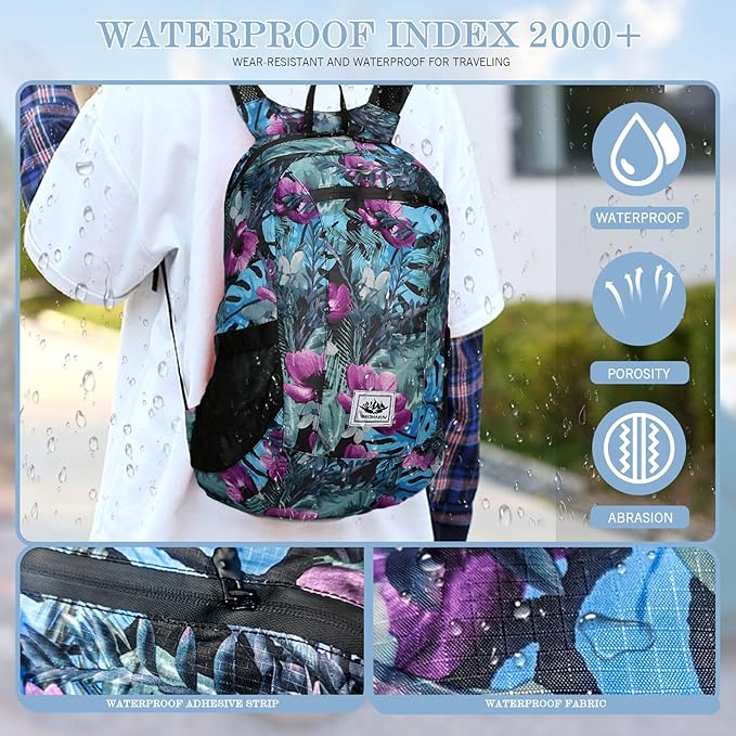 20L Waterproof Packable Hiking Backpack, Flower Ultra Lightweight Travel Camping Backpack for Women Men, Foldable Outdoor Day Pack Bag for Backpacking Sports (Color 1)