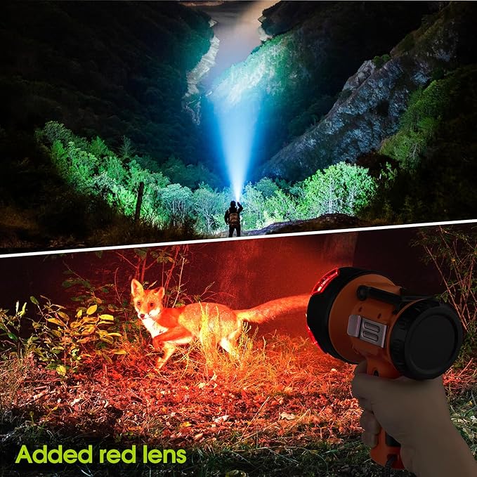 Rechargeable Spotlight Flashlight with 1000,000 Lumen LED, IP65 Waterproof Searchlight Handheld Work Light with Foldable Stand and Red Lens- Orange