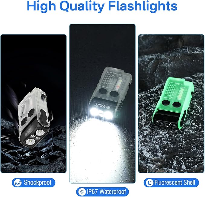 BORUIT V20 LED Small Powerful EDC Flashlight with Clip,180°Head Swivels,1000LM USB C Rechargeable Mini Pocket Keychain Flash Light with Red COB Light-14 Mode,IP67,Magnetic,110DB Buzzer(White)