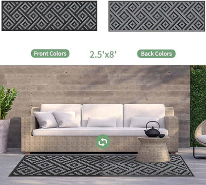 GENIMO Outdoor Rugs 2.5x8 Waterproof, Reversible Mats, Outdoor Area Rug, Plastic Outside Carpet, Eeometric Rv Mat for Patio Camping Rv Picnic Backyard Deck Balcony Porch Beach (Black & Grey)
