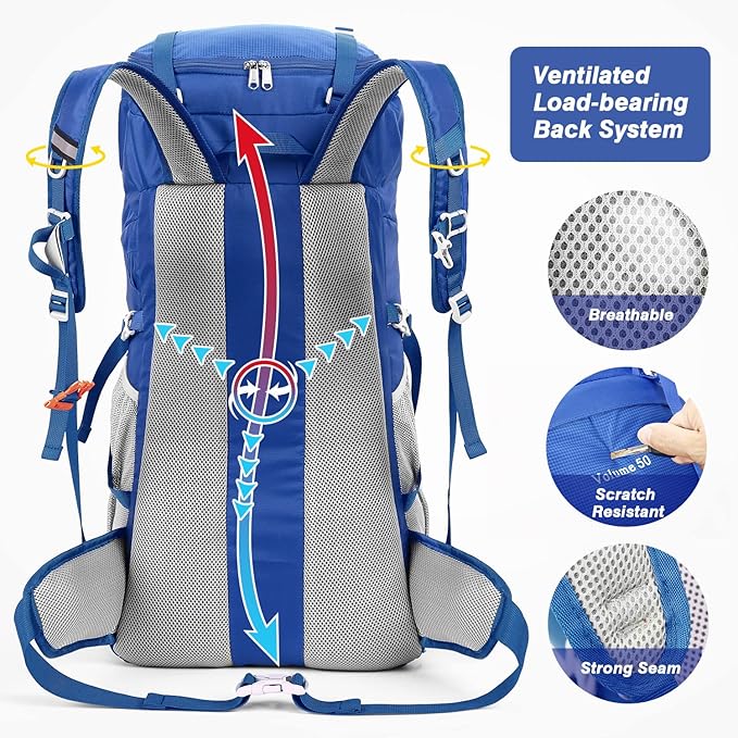 HOMIEE 50L Hiking Backpack Travel Bag Waterproof Camping Backpack with Rain Cover Lightweight Backpacking Backpack Rucksack