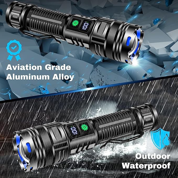 Flashlights Rechargeable 900000 High Lumens, 1500M Long Beam LED Handheld Flashlights, Super Bright Tactical Flashlight with Power Display & IPX6 Waterproof LED Flash Light for Camping Hiking