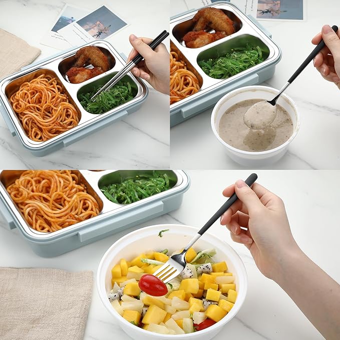 DEVICO Travel Utensils with Case, Stainless Steel Reusable Camping Silverware Set for Lunch Box, Portable Cutlery Kit Includes Fork, Spoon, Chopsticks (Black)