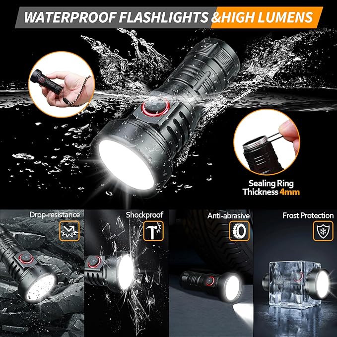 Rechargeable Flashlights High Lumens, Small LED Flashlight 2000 Lumens, EDC Super Bright Flashlight, IP68 Waterproof Flashlights for Camping Hiking Emergencies -Black