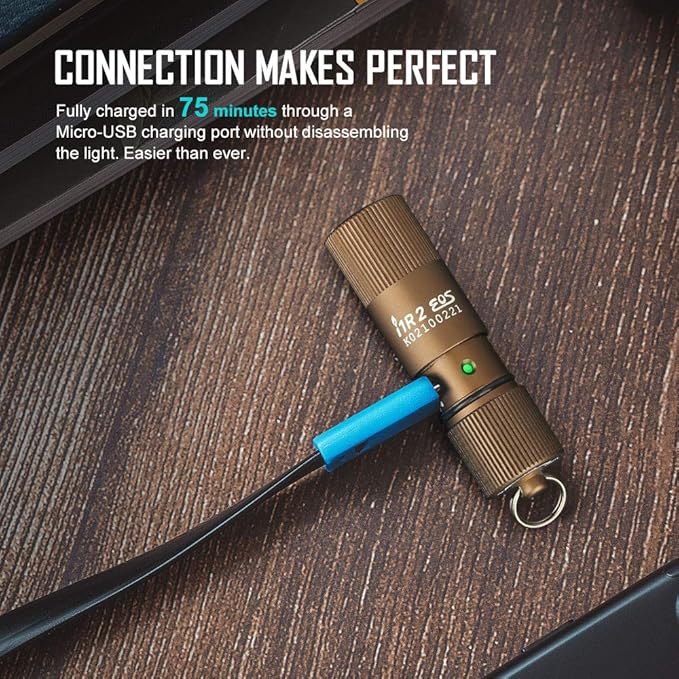 OLIGHT i1R 2 EOS 150 Lumens Tiny Rechargeable Keychain Flashlight EDC Mini LED Keyring Light with Built-in Battery for Camping Hiking Dog Walking etc (Desert Tan)