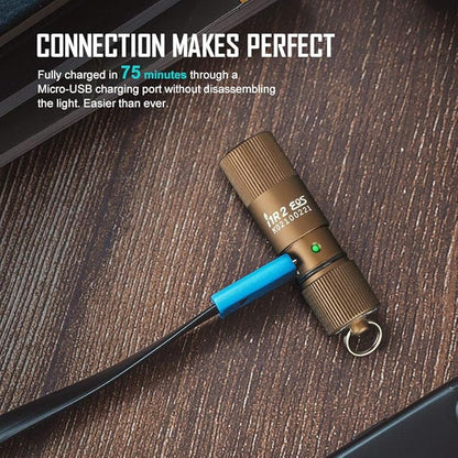 OLIGHT i1R 2 EOS 150 Lumens Tiny Rechargeable Keychain Flashlight EDC Mini LED Keyring Light with Built-in Battery for Camping Hiking Dog Walking etc (Desert Tan)