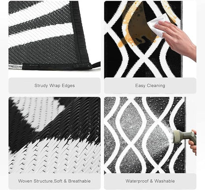 wikiwiki Outdoor Rug, 6x9ft Waterproof Reversible Mat Indoor Outdoor Rugs Carpet, Small Area Rug Plastic Straw Rug for Patio Deck Balcony Pool RV Camping Beach Picnic, Black & White, Rugscape Series
