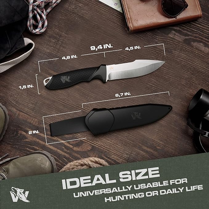 WOLF-I Full Tang Survival Knife with Sheath - Stylish Tactical Fixed Blade Knife - Made of 440C Steel - Bushcraft and Camping Knife Survival - Perfect EDC Outdoor Knife with TPE Handle