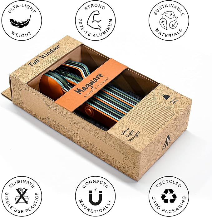 MAGWARE Magnetic Camping Utensils Set - Portable & Reusable Metal Travel Flatware with a Case for Camping, Picnic, Office & Kid's Lunchbox | Camping Cutlery Set | Knife, Fork & Spoon (15 PCS)