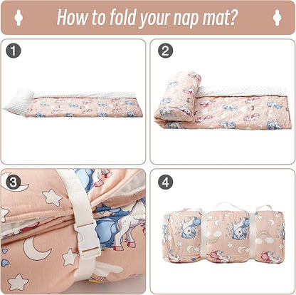 Bunnikins & Clover Toddler Nap Mat with Removable Pillow, Nap Mats for Preschool, Easy Clean Toddler Nap Pad for Kindergarten, Kids Sleeping Bag for Travel Camping