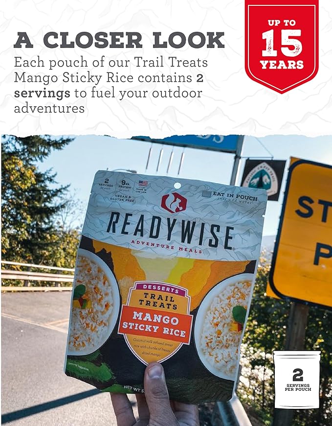 READYWISE - Outdoor Mango Sticky Rice, 2 Servings, Pack of 1, Emergency Preparedness, Freeze Dried Food, MRE, Snack Pack, Survival Food, Emergency Food for Backpacking, Camping, and Hiking