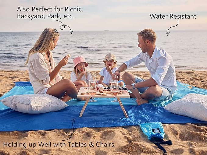 WEKAPO Beach Blanket Sandproof, Extra Large Beach Mat, Big & Compact Sand Free Mat Quick Drying, Lightweight & Durable with 6 Stakes & 4 Corner Pockets