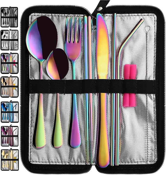 VANDBAO Camping Utensils Set, Portable Travel Utensils with Case for Fixing Tableware, Reusable Stainless Steel Stable Cutlery Set, Lunch Picnic Flatware Silverware (Rainbow Set)