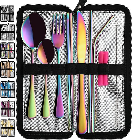VANDBAO Camping Utensils Set, Portable Travel Utensils with Case for Fixing Tableware, Reusable Stainless Steel Stable Cutlery Set, Lunch Picnic Flatware Silverware (Rainbow Set)