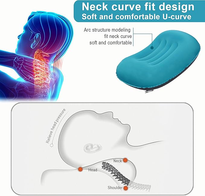 Portable Inflatable Neck Pillow for Outdoor Travel, Camping, Office Naps-Polyester，Color Available-Simple and Comfortable (Cyan)