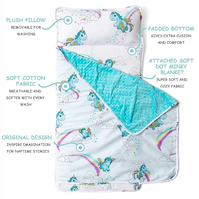 JumpOff Jo - Toddler Nap Mat - Sleeping Bag for Kids with Removable Pillow and Ultra Soft Blanket for Preschool, Daycare, and Sleepovers - Unicorn Pixie Dust