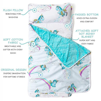 JumpOff Jo - Toddler Nap Mat - Sleeping Bag for Kids with Removable Pillow and Ultra Soft Blanket for Preschool, Daycare, and Sleepovers - Unicorn Pixie Dust
