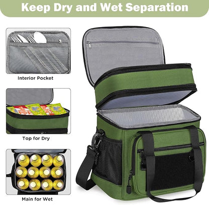 Double Deck Insulated Lunch Box, Expandable Large Lunch Bag Leakproof Cooler Bag Lunch Pail for Men Women Adults Work Shifts Travel Daytrip,16L,Army Green