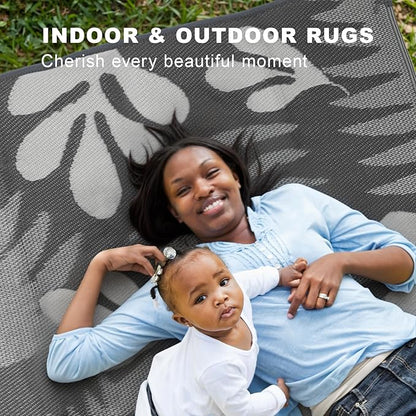 wikiwiki Outdoor Rug, 9x18ft Waterproof Reversible Mat Indoor Outdoor Rugs Carpet, Small Area Rug Plastic Straw Rug for Patio Deck Balcony Pool RV Camping Beach Picnic, Grey Leaves, Rugscape Series