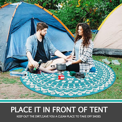 Capslpad 5Ft Round Outdoor Rug for Patio Reversible Mat Waterproof Plastic Straw Rug Boho Circle Indoor Outside Area Rug for RV Camping Picnic Pool Tent Balcony Beach Deck Doormats Decor, Teal