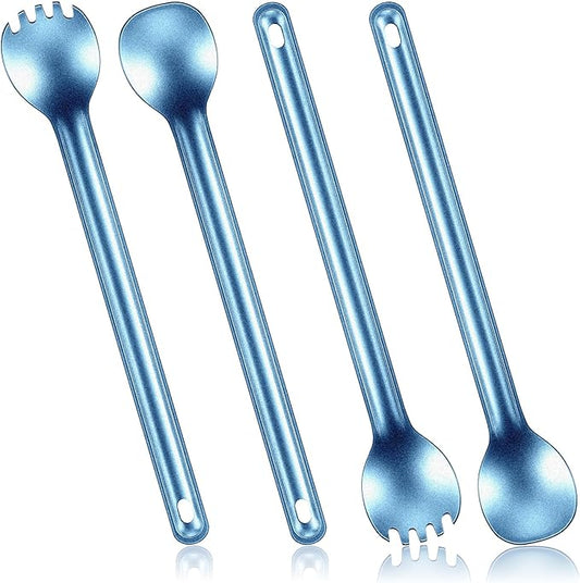 4 Pieces Titanium Long Handle Spork and Spoon 8.4 Inch Ultralight Portable Flatware Lightweight Soup Spoon Camping Spork Utensil for Outdoor Camping Backpacking Hiking Travel Picnic (Blue)