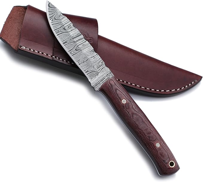 Handmade Damascus Steel Knife Bowie for Hunting,Survival,Camping,Bushcraft and Fishing, Fixed Blade with Drop Point Full Tang Micarta Handle, Leather Sheath - WKD-788