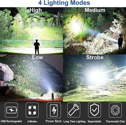 Rechargeable Spotlight Outdoor, 990000 Lumens Super Bright Led Spot lights Flashlight with 4 Modes & Foldable Tripod, 8000 ɱAh Large Handheld Searchlight Long Lasting for Camping Hunting Boating